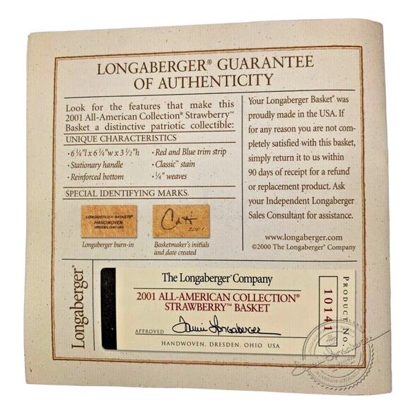 Longaberger 2001 ALL-AMERICAN STRAWBERRY BASKET Picnic Plaid Liner Protector COA - Picture 9 of 9